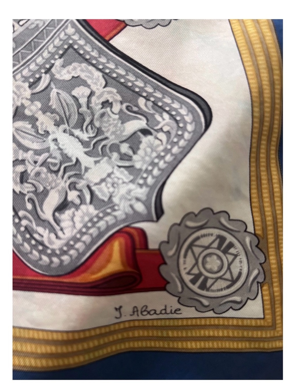 Hermes Silk Scarf in Blue, Gold, Red and Gray - Picture 3 of 6